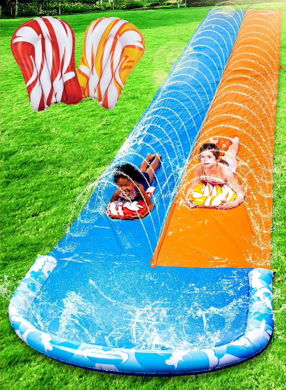 22.5Ft Water Slides and 2 Bodyboards, Lawn Water Slide Summer Slip Waterslides Water Toy with Build in Sprinkler for Backyard Outdoor Water Fun for Kids