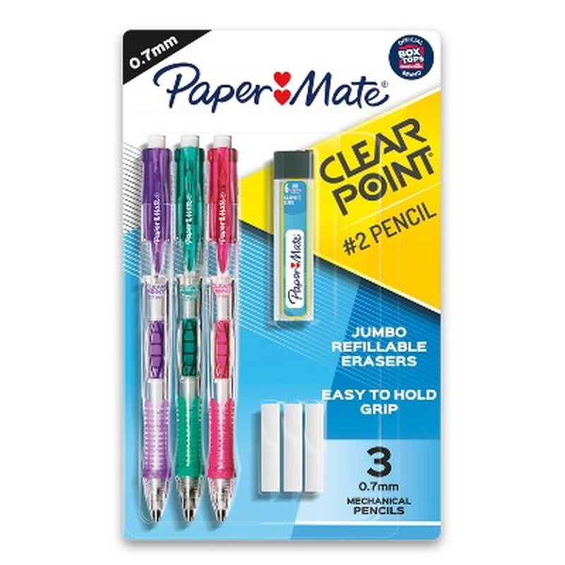 Clear Point 3Pk #2 Mechanical Pencils with Eraser & Refill 0.7Mm Assorted Colors