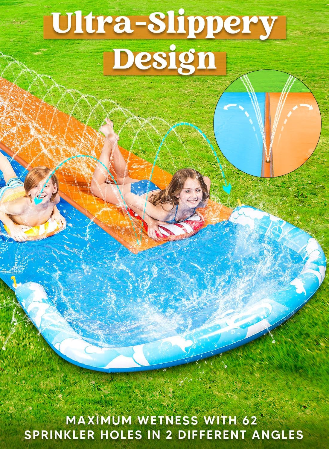 22.5Ft Water Slides and 2 Bodyboards, Lawn Water Slide Summer Slip Waterslides Water Toy with Build in Sprinkler for Backyard Outdoor Water Fun for Kids