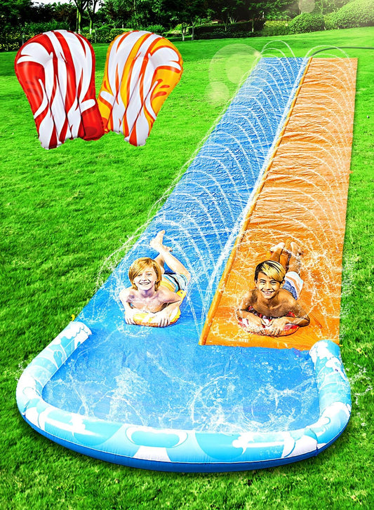 22.5Ft Water Slides and 2 Bodyboards, Lawn Water Slide Summer Slip Waterslides Water Toy with Build in Sprinkler for Backyard Outdoor Water Fun for Kids