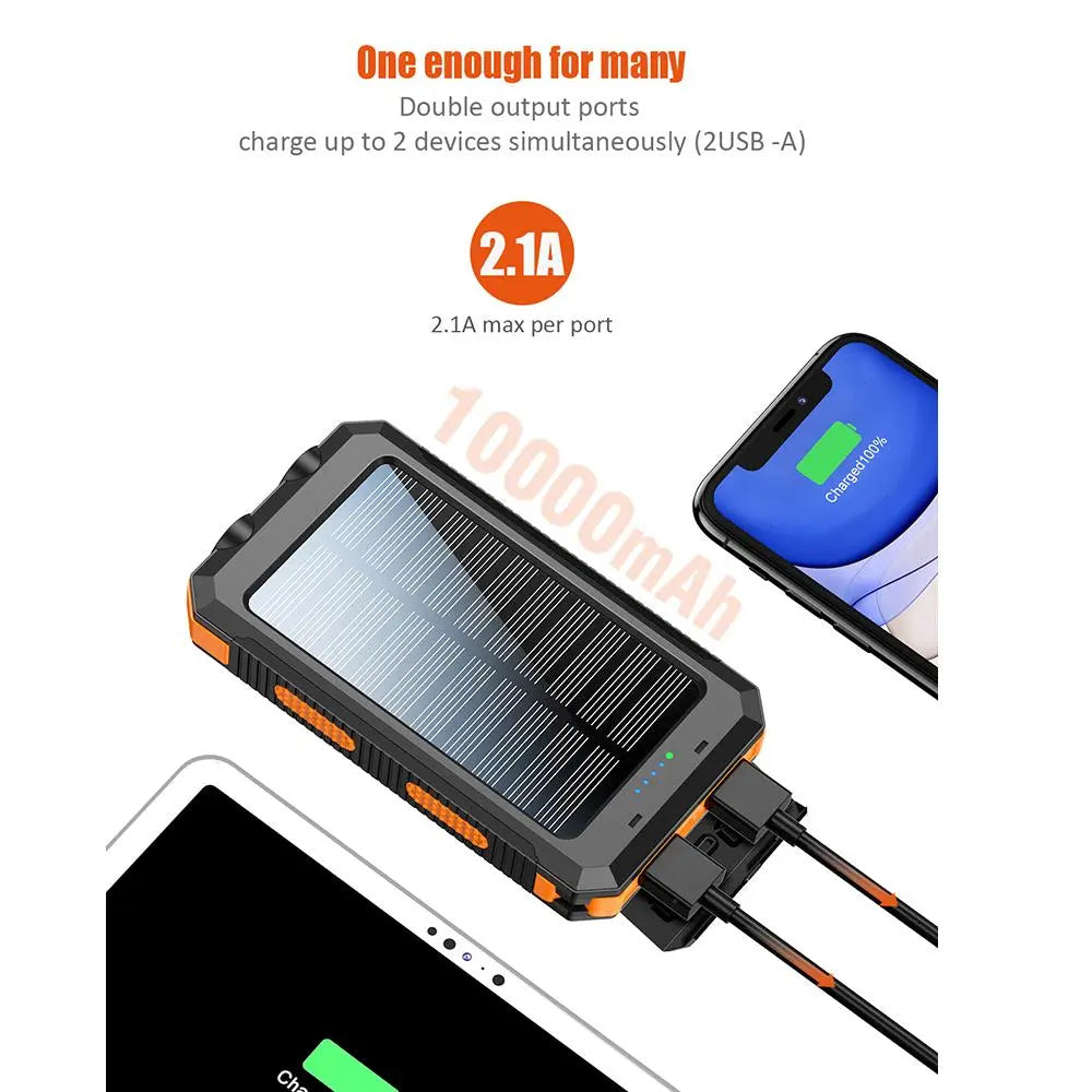 10000Mah Portable Solar Power Bank, 1 Piece Dual USB Output Port Waterproof Power Bank with LED Light, Solar Charger Power Bank, Solar Panel Charger, Solar Phone Charger Compatible with Iphone & Android Phone for Spring Camping