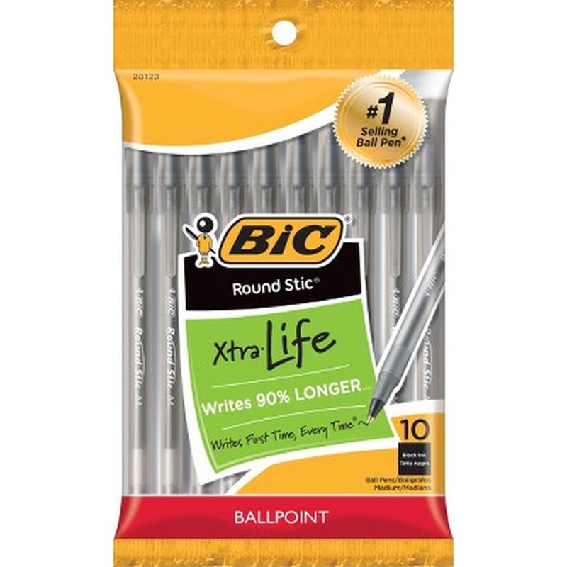 10Pk Xtra Life Ballpoint Pens Medium Tip Black Ink