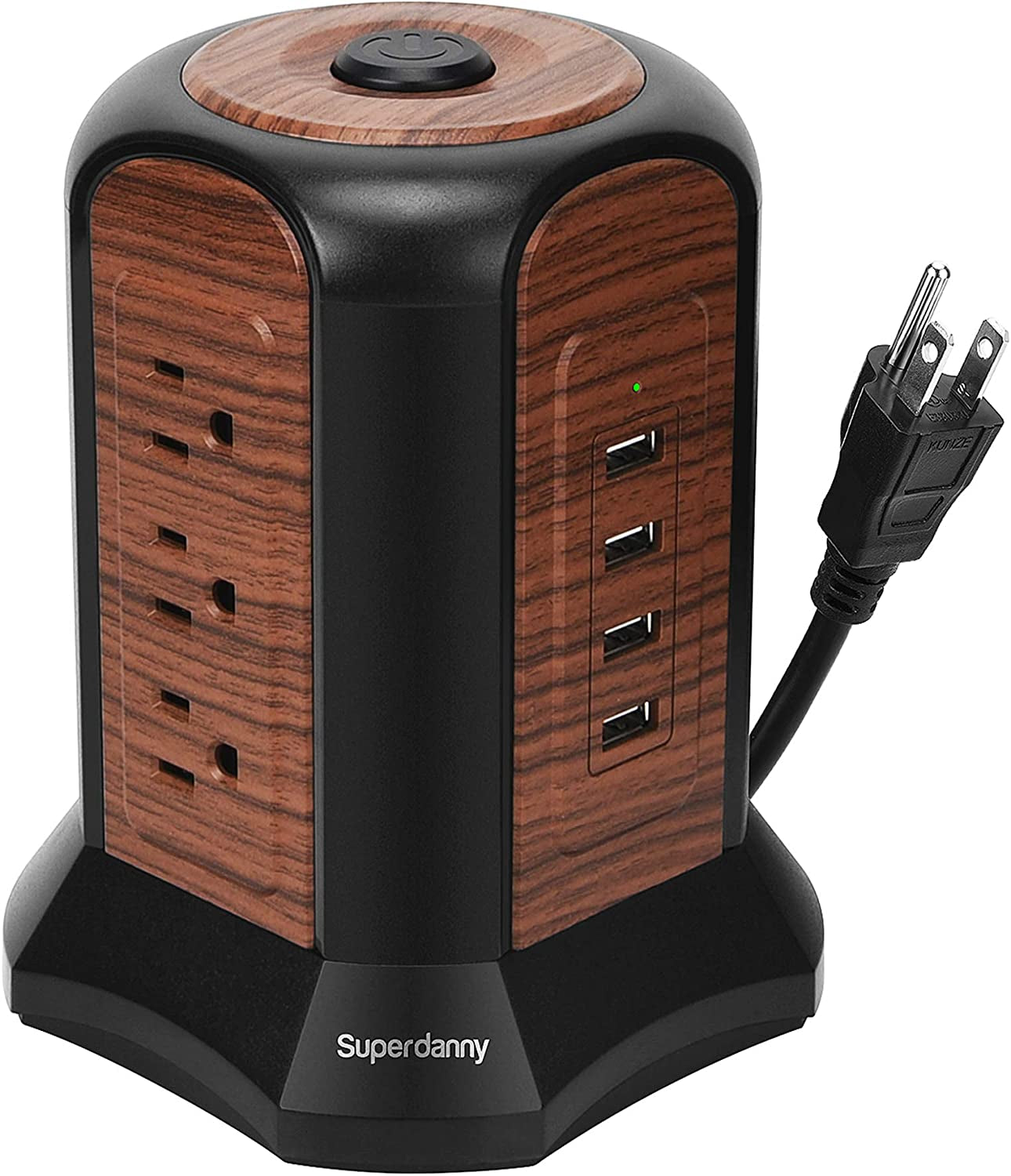 Power Strip Tower Surge Protector, Desktop Charging Station, 10 Ft Extension Cord, 9 Outlets, 4 USB Ports, 1080 Joules, 3-Prong, Grounded, Multiple Protections for Home, Office, Deep Brown